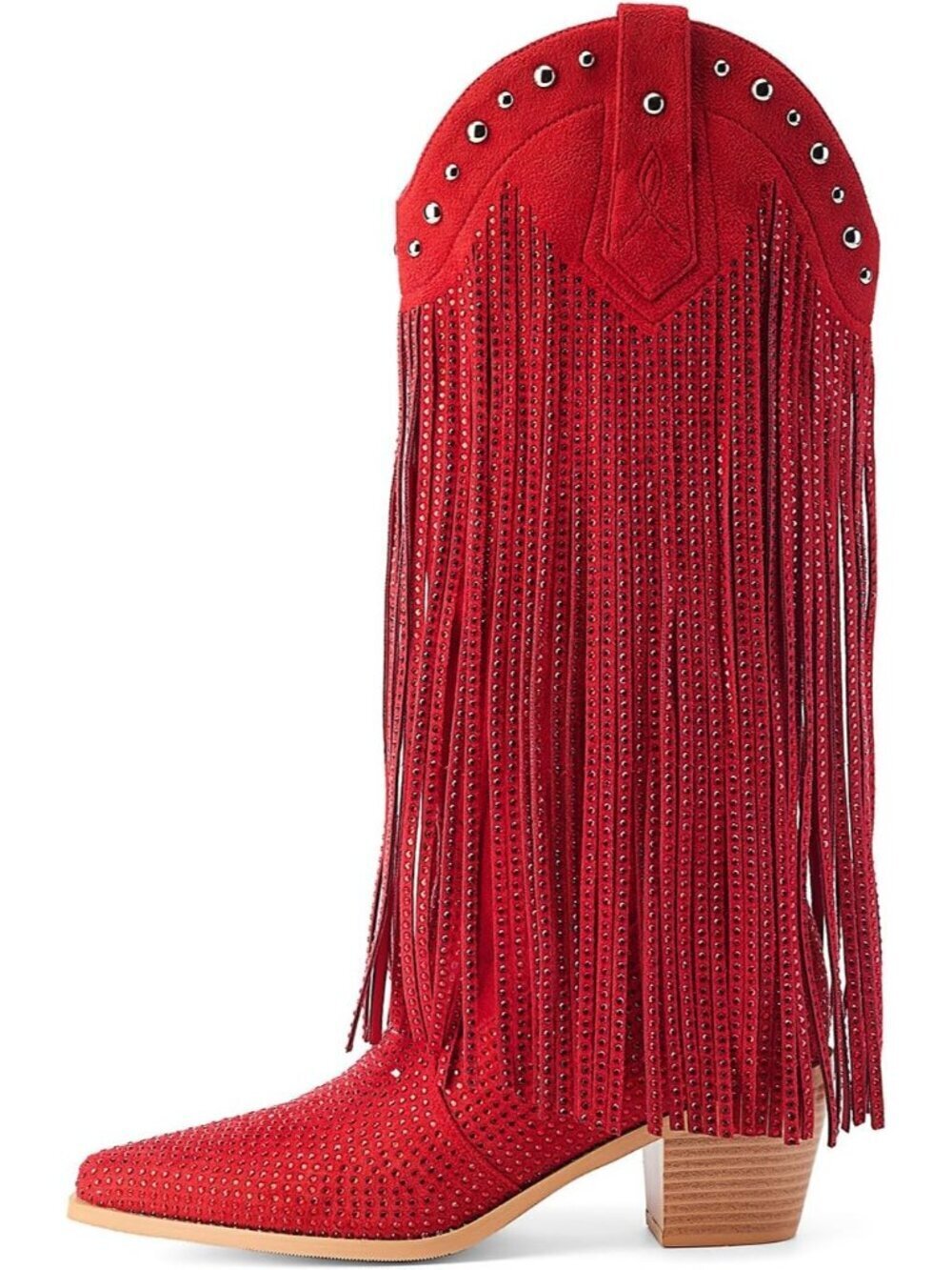 Women's Red Rhinestone Fringe Cowgirl Boots Sparkly Western Pointed Toe Pull On